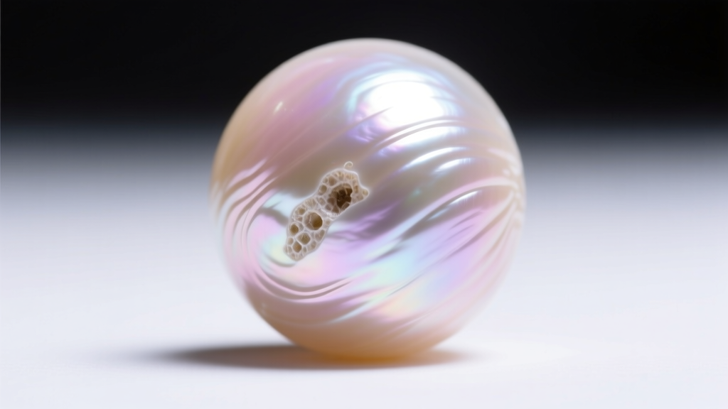 Macro close-up of a genuine pearl surface showing microscopic ridges and natural imperfections under bright studio lighting