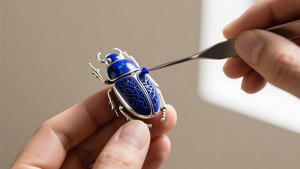 Artisan applying crushed lapis lazuli into the carved thorax of a sterling silver scarab earring with a fine-tipped metal spatula