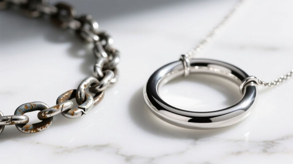 Side-by-side macro of a tarnished sterling chain and a bright Argentium silver loop necklace on white marble in natural daylight.
