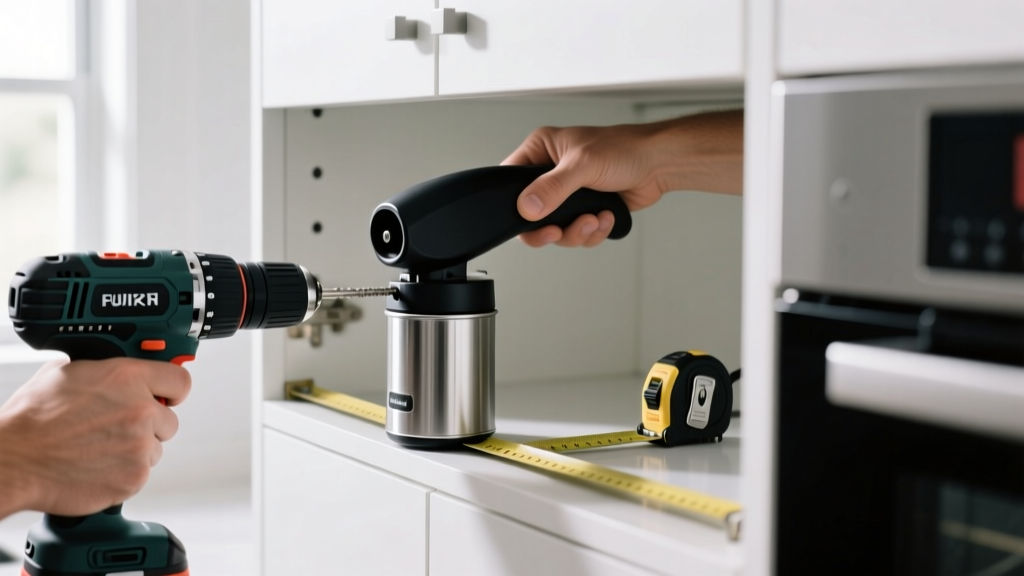 Hands mounting a black under-cabinet electric can opener using a power drill and measuring tape on a white kitchen cabinet