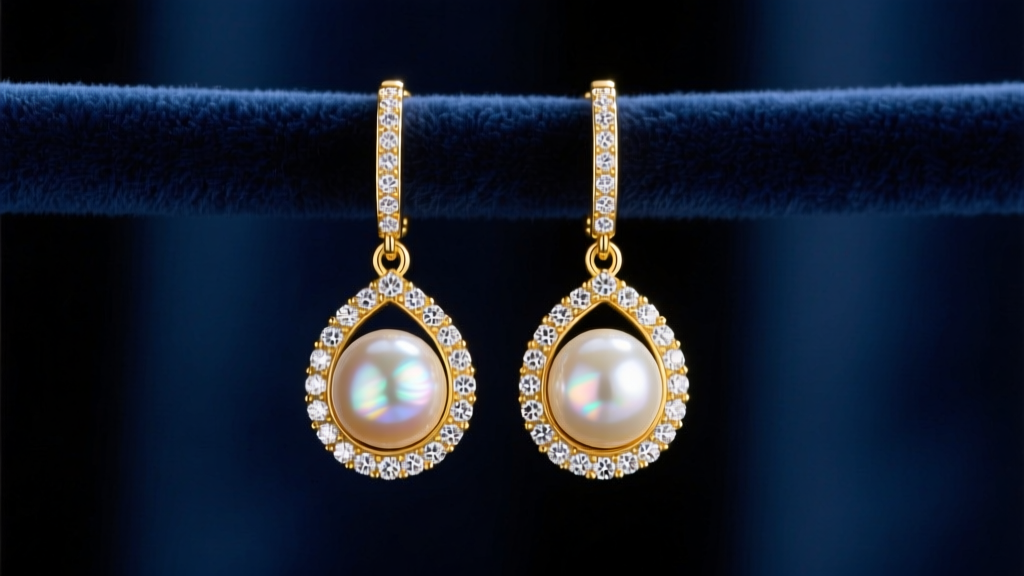 South Sea pearl diamond drop earrings in 18k yellow gold on dark velvet, soft lighting highlighting nacre luster and diamond facets.