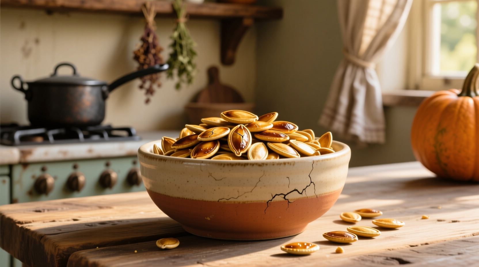 Golden roasted pumpkin seeds in a ceramic bowl