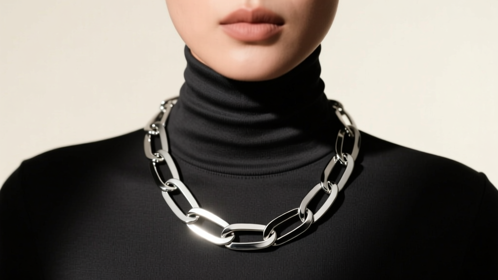 Model wearing a 32-inch silver paperclip chain necklace over a dark turtleneck, captured with soft, directional studio lighting