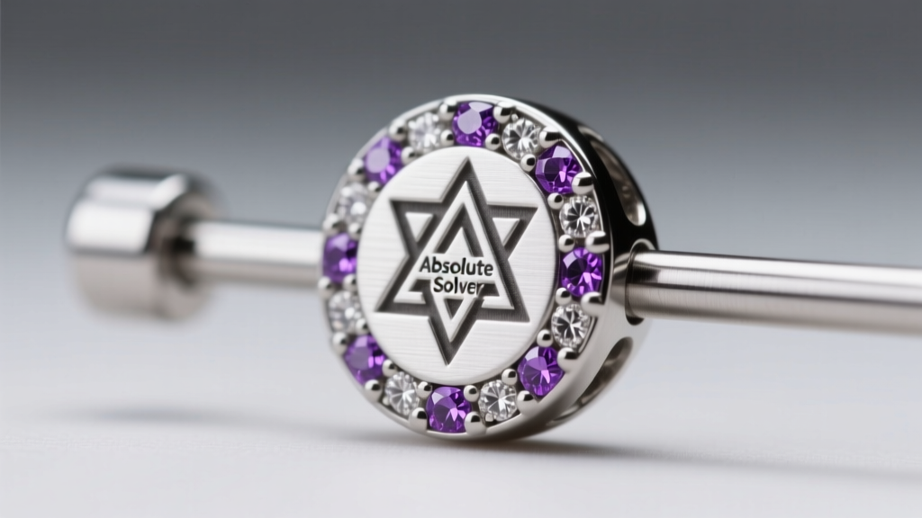 Macro shot of a 16-gauge steel cartilage stud shaped like the Absolute Solver symbol with small purple cubic zirconia accents.