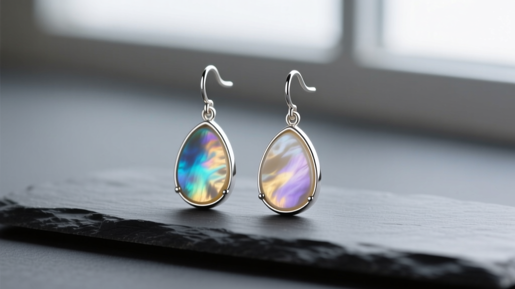 Sterling silver mother of pearl drop earrings on dark slate, soft lighting highlighting iridescent nacre and metal