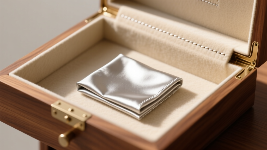 Beige anti-tarnish flannel lining inside a wooden jewelry drawer, showing neat stitching and a folded silver polishing cloth