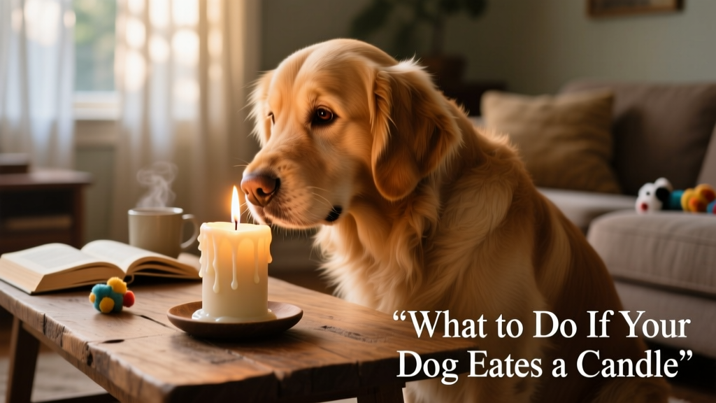 A curious dog sniffing a lit candle on a coffee table, with visible wax drips and a visible wick