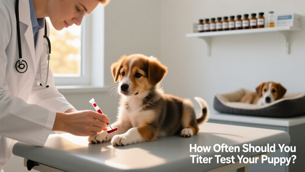 Veterinarian gently drawing blood from a small puppy’s leg for titer testing