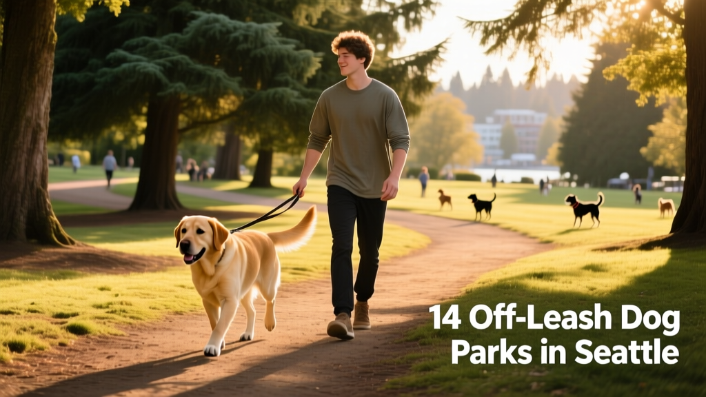 Person walking a Golden Labrador along a tree-lined path in a West Seattle dog park