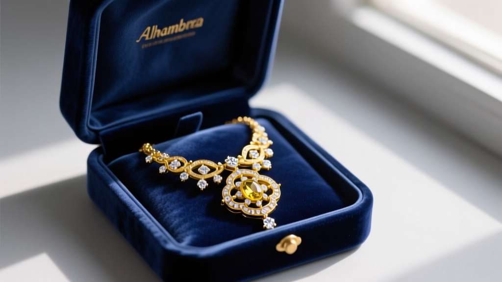 Navy blue velvet box opened to reveal a sparkling yellow gold and diamond Vintage Alhambra pendant necklace resting inside.