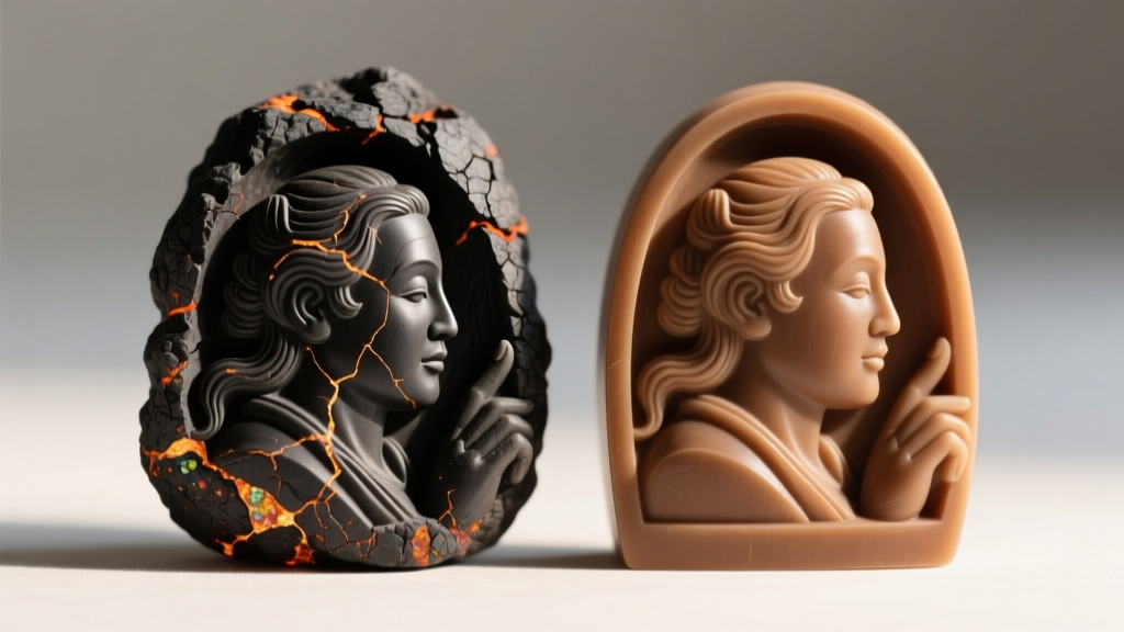 Macro view of hand-carved lava stone cameo next to molded resin reproduction, showing distinct tool marks against smooth edges.