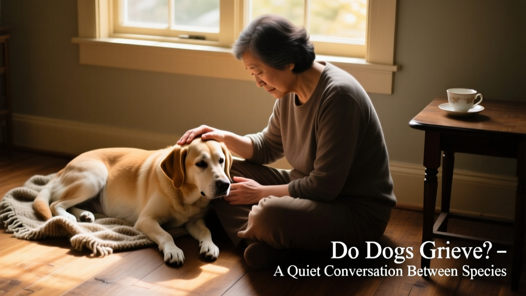 A person sitting calmly on the floor with their grieving dog, offering gentle pets and quiet companionship
