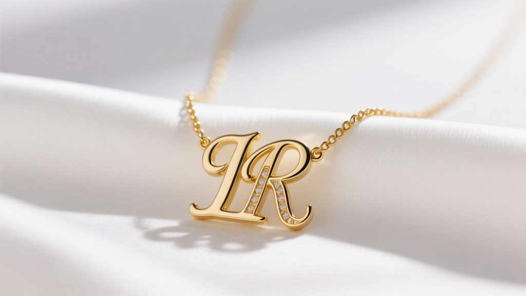 14k gold double initial necklace on white silk showing intertwined serif letters under soft natural window light.