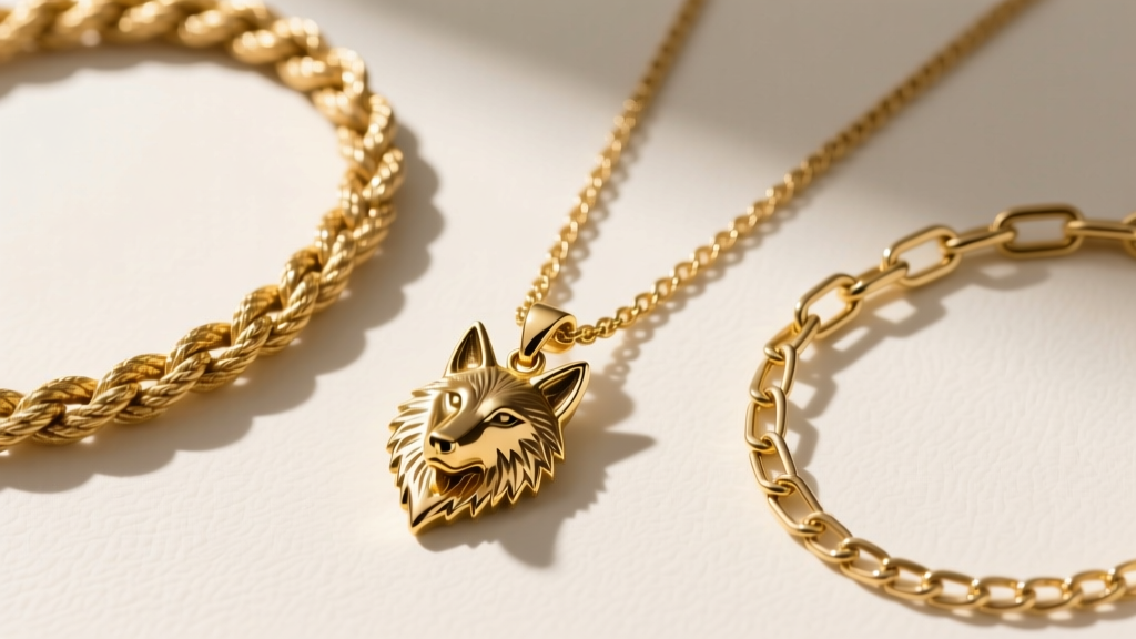 Flat lay of three distinct gold chains, a thick rope, a flat figaro, and a box chain, next to a rugged gold wolf pendant
