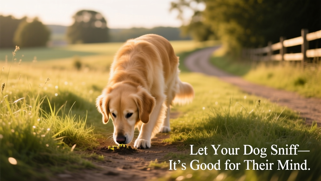 A dog intently sniffing the ground during a relaxed outdoor walk