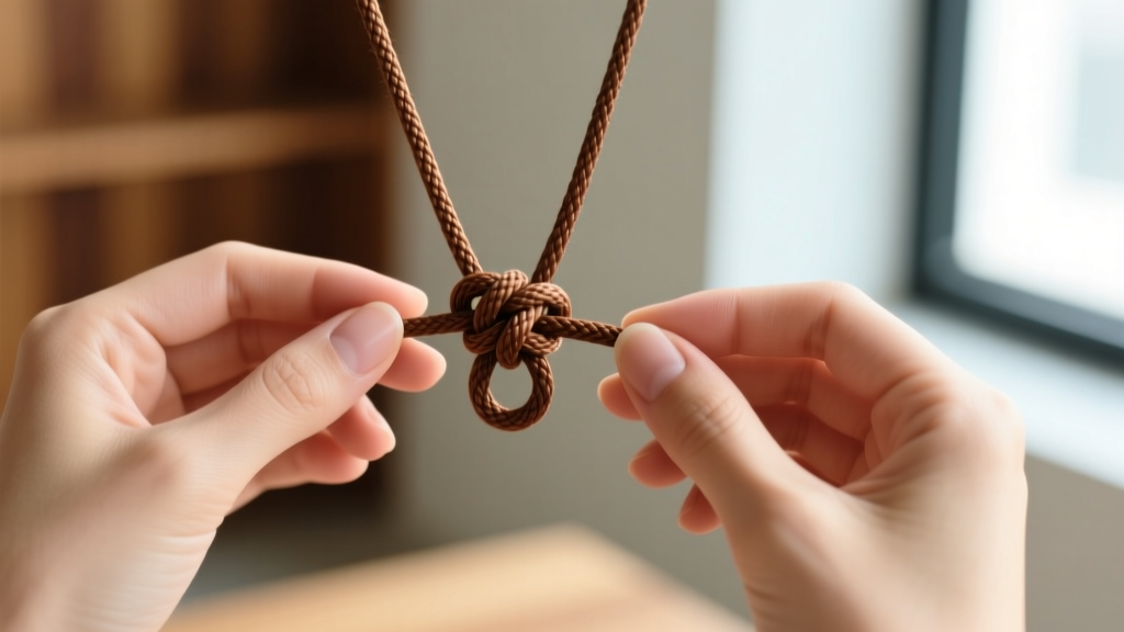 Close-up of hands tying a brown waxed cotton sliding knot on an adjustable pendant necklace, soft natural lighting, macro lens