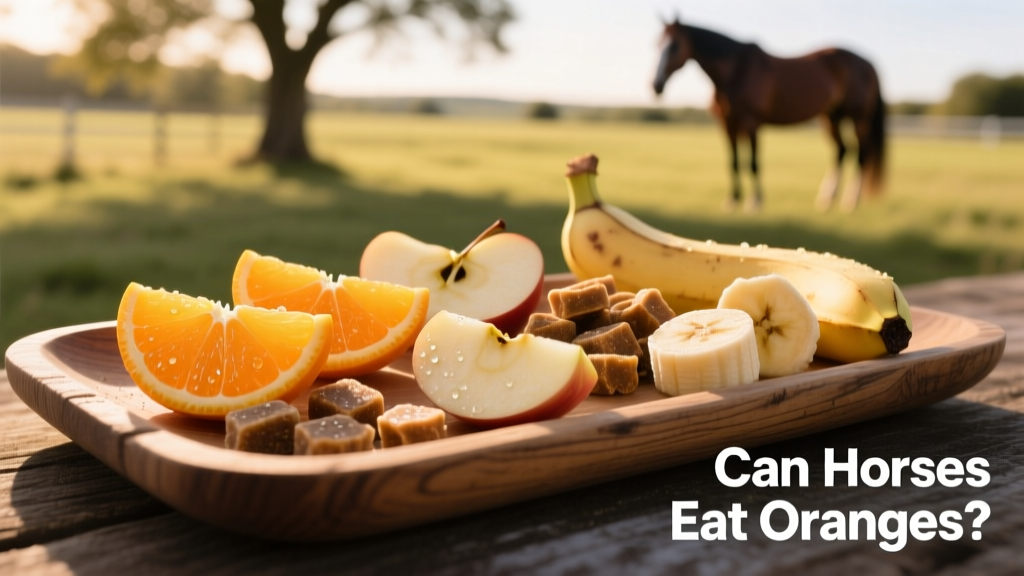 Assortment of safe horse treats including orange slices, apple pieces, and banana chunks arranged on a wooden tray