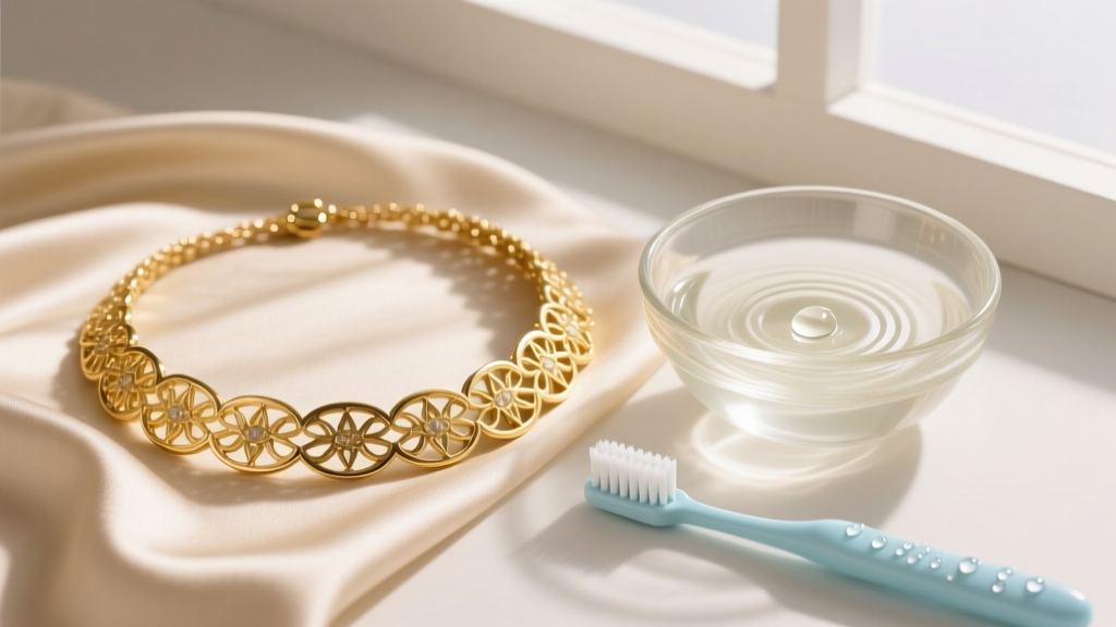 A 16 inch gold necklace resting on beige silk next to a glass bowl of mild soapy cleaning solution and a soft baby toothbrush