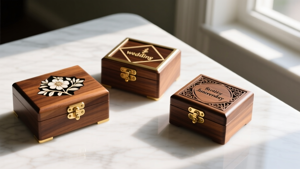 Three distinct wooden jewelry boxes on a marble table showing varied lid designs and brass hardware for different gift occasions.