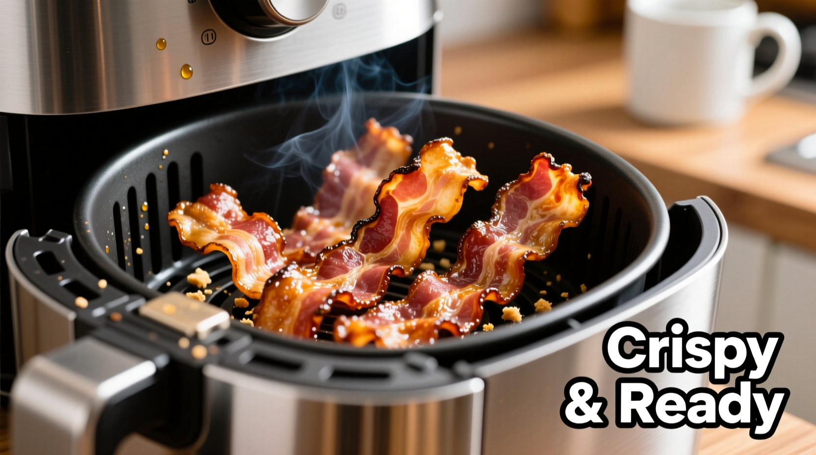 Crispy bacon strips in air fryer basket