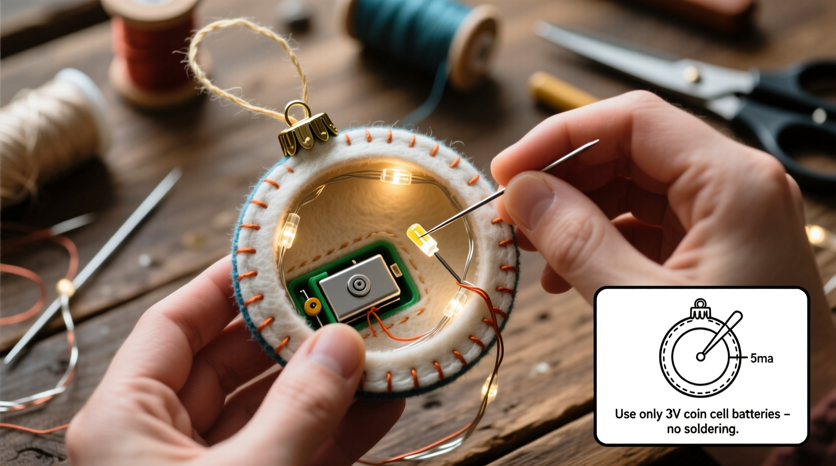 how to embed small led lights into handmade felt ornaments without melting fabric