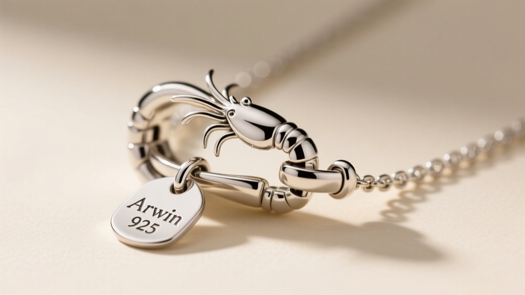Close view of a lobster clasp on an Arwin necklace, showing the 925 silver hallmark stamped clearly on the small metal tag.