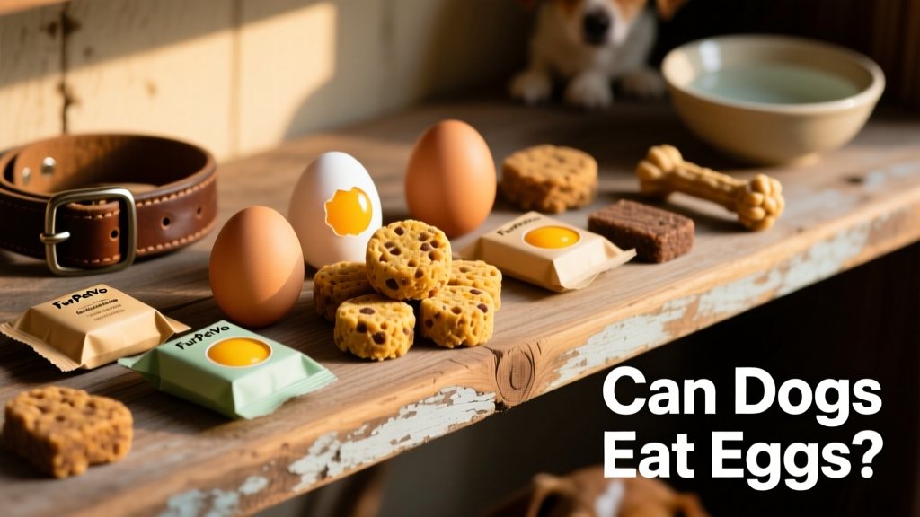 Assortment of FurPetVo egg-based dog treats displayed on a rustic wooden shelf