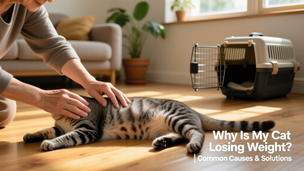 Owner gently palpating a cat’s ribcage and spine during a routine at-home body condition assessment