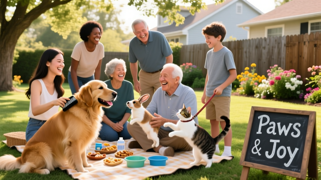 A diverse group of pet owners and sitters smiling together outdoors