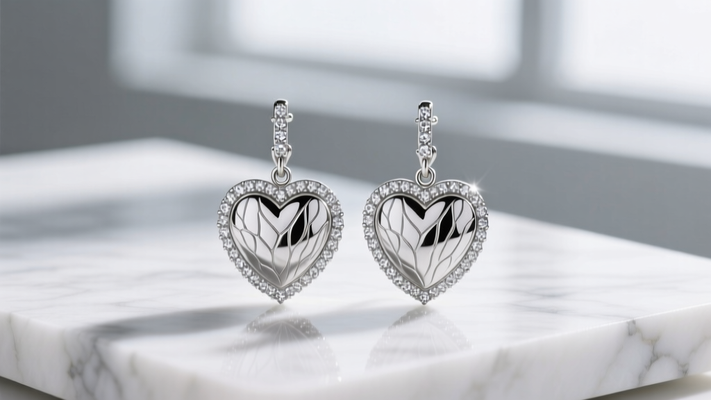Macro shot of Judith Ripka sterling silver heart drop earrings featuring bark texture and pave zirconia on a white marble surface