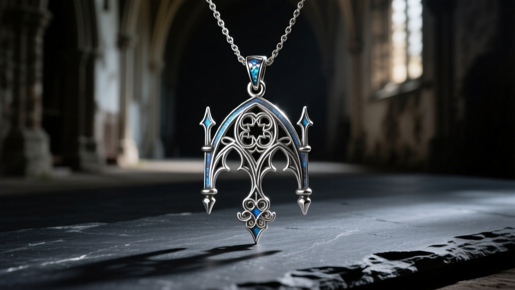 Heavy sculptural oxidized sterling silver pendant necklace with gothic motifs on dark slate under moody directional lighting.