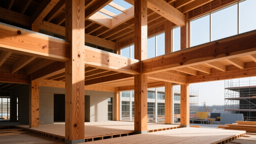 Multi-story building frame exposing Douglas Fir glulam beams and cross-laminated timber floor panels during active construction