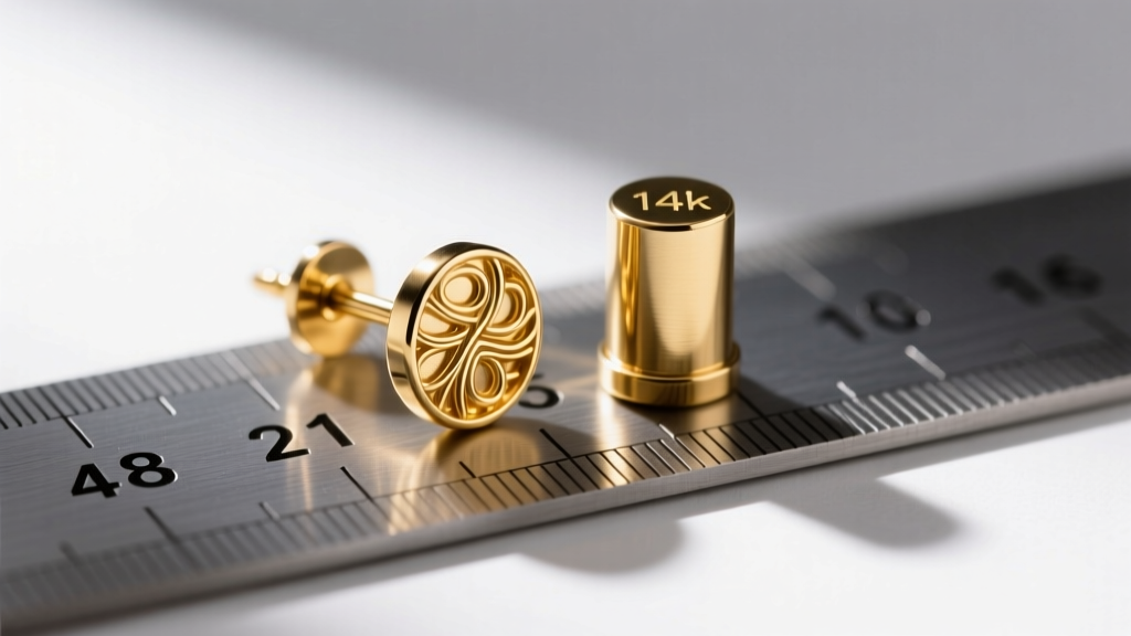 Macro shot of an 18-gauge gold vermeil earring post beside a solid 14k gold post, showing thickness difference on a metal ruler.