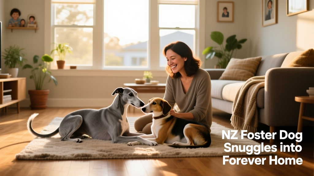 Maiya smiling as she watches Louie and the newly adopted dog play gently together in a sunlit living room