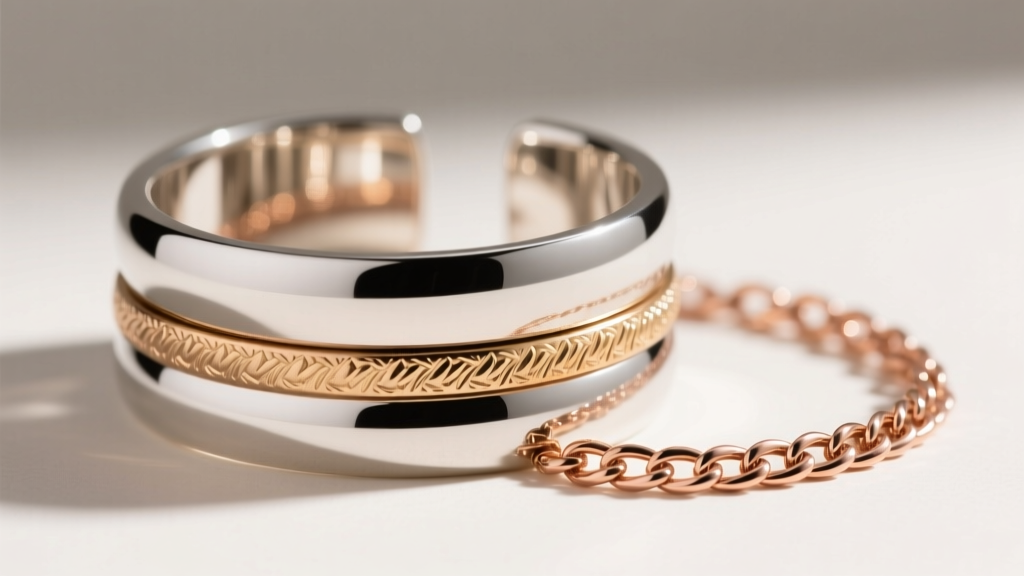 Close-up of a mixed-metal wrist stack featuring a polished Argentium silver cuff and a textured 14k rose gold chain bracelet