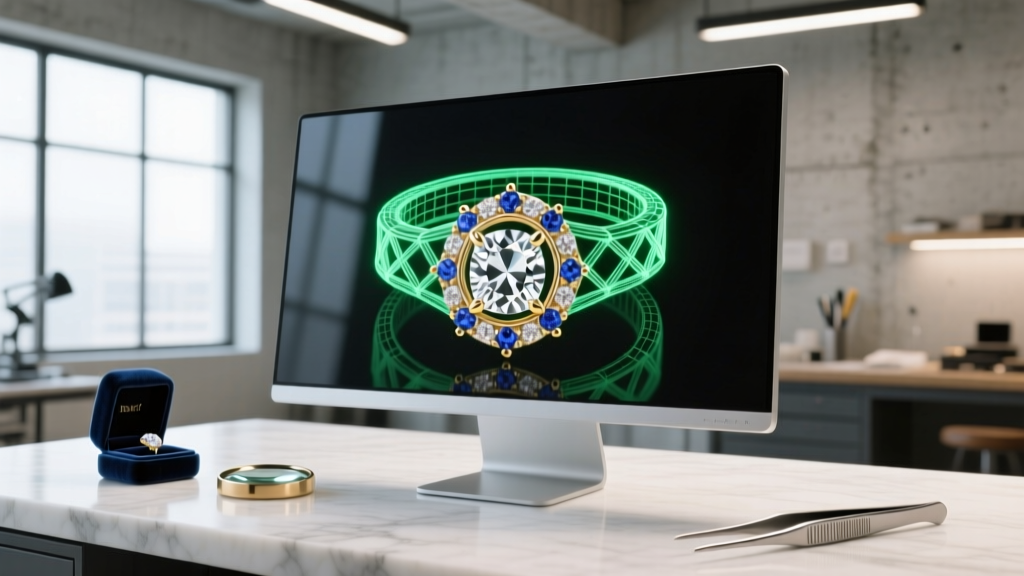 Computer-aided design wireframe of a custom halo engagement ring displayed on a monitor in a modern jewelry workshop environment