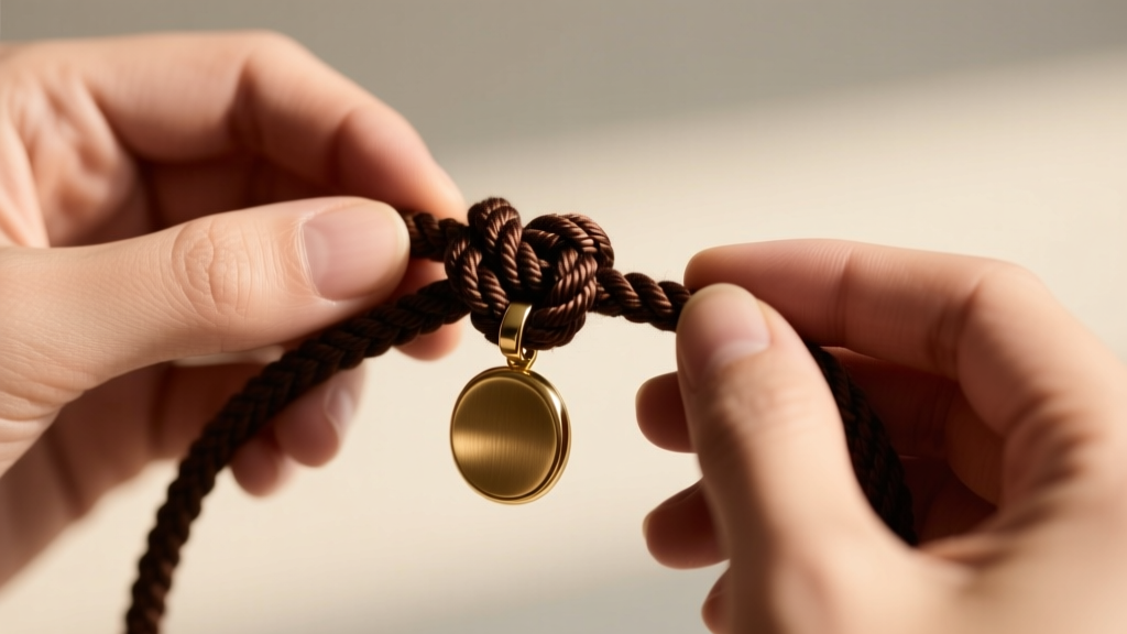 Close-up of hands tying a dark brown waxed cotton macrame sliding knot with a brushed brass pendant in soft natural light