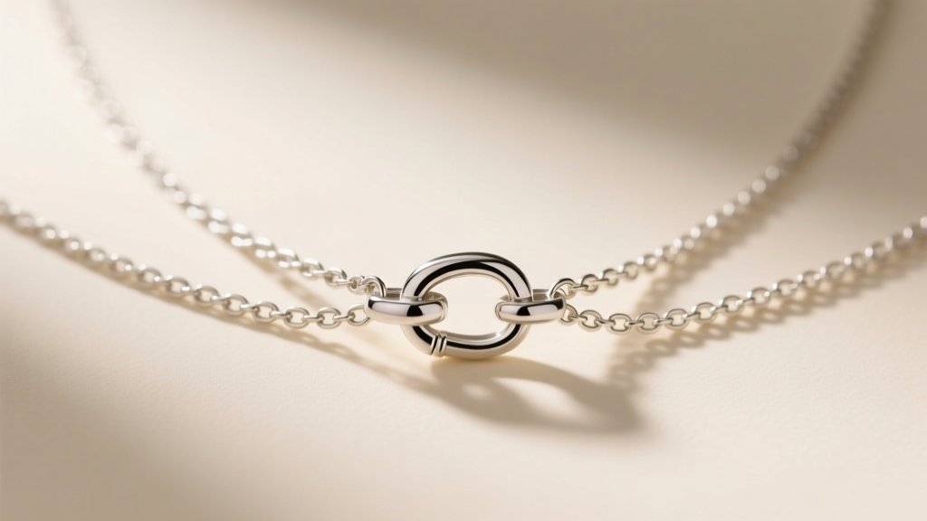 Macro shot of a sterling silver necklace detangler clasp connecting three chains to prevent tangling under soft studio lighting