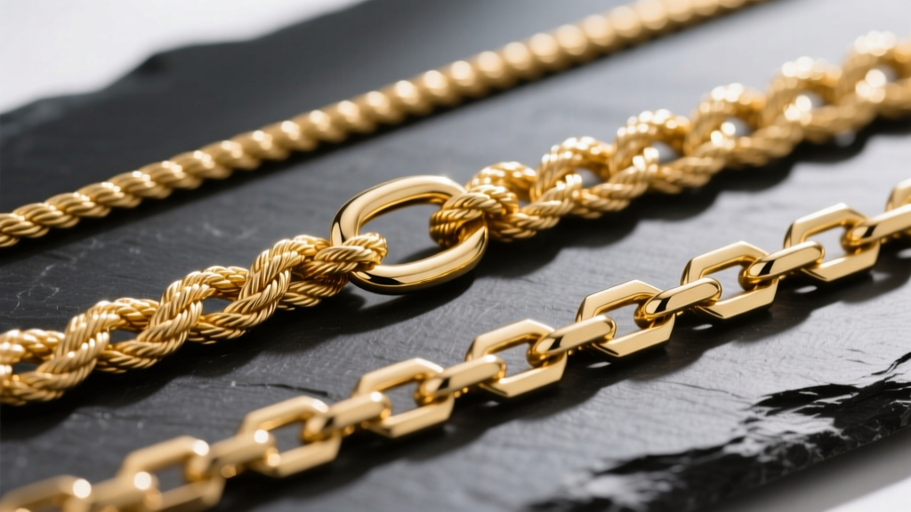 Macro shot of three distinct gold chain weaves: delicate cable, textured rope, and geometric box chain, laid flat on dark slate.