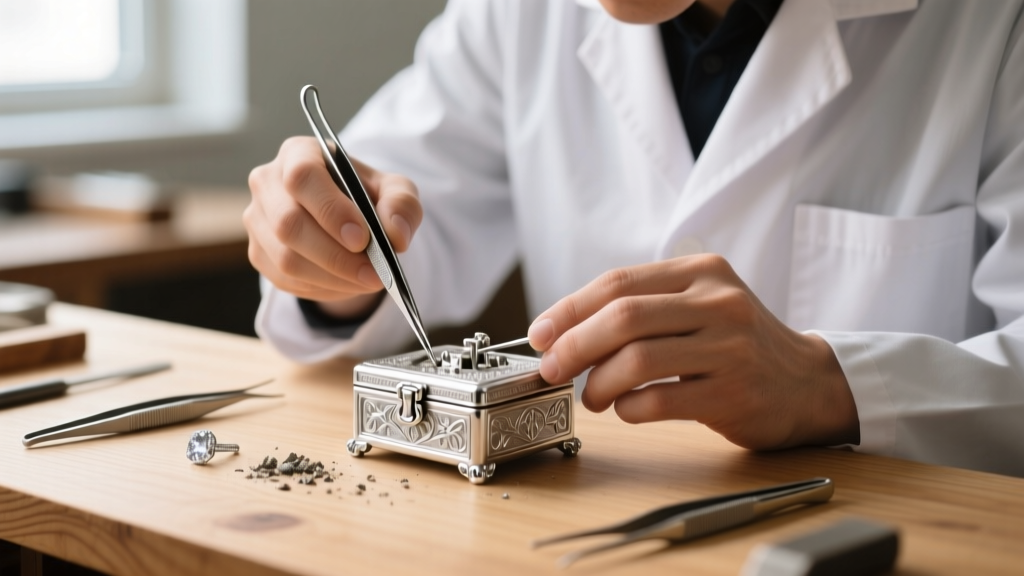 Jeweler using fine tweezers and a needle tool to clean debris from a sterling silver box clasp safety latch on a wooden workbench.