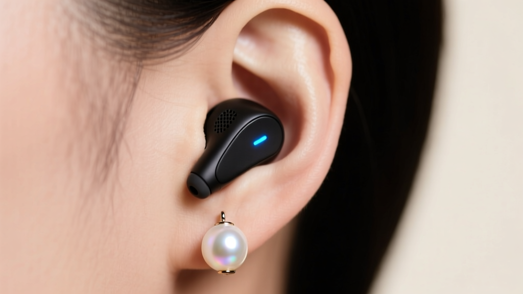Close-up of an earlobe wearing a freshwater pearl drop earring that doubles as a wireless audio earbud, soft studio lighting