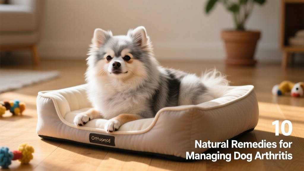 Senior Pomeranian resting comfortably on a soft orthopedic dog bed