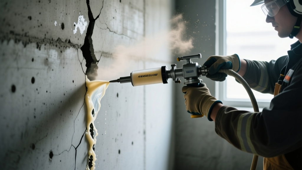 Technician injecting expanding polyurethane resin into a vertical concrete basement wall crack using a high-pressure pump system.