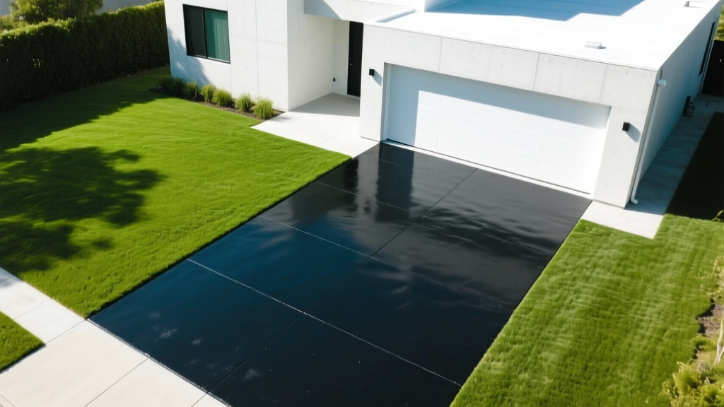 Aerial view of a newly paved smooth black asphalt driveway contrasting with a lush green lawn and modern white concrete garage in bright daylight
