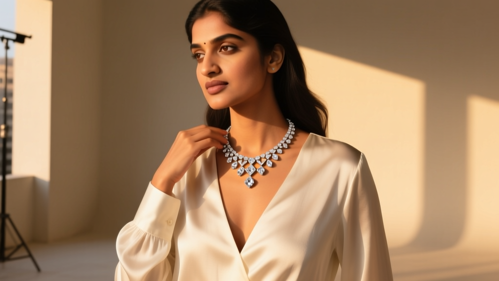 Model styling a lightweight modern Indian diamond bib necklace over a deep-V silk blouse, warm golden hour editorial lighting shot