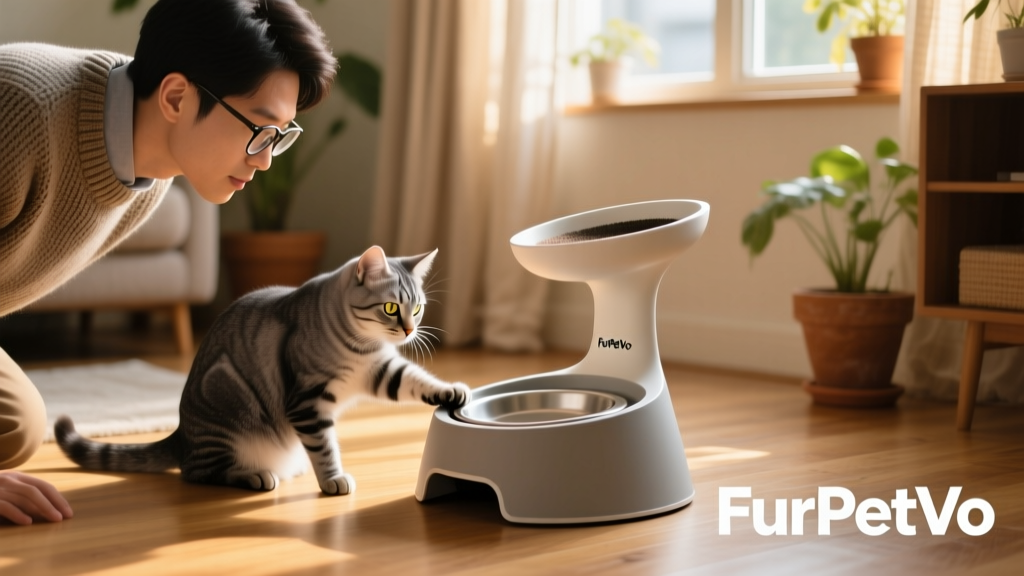 A researcher observing a cat interacting with a FurPetVo elevated bowl in a home setting