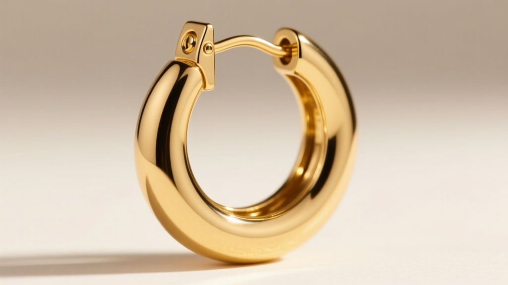 Close-up of 1980s gold-filled creole earring showing its thick bottom profile and secure leverback clasp mechanism in bright light.