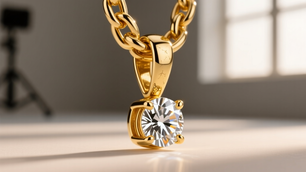 Close-up of a heavy diamond pendant bail showing slight friction wear where it connects to a thick 10mm gold Cuban link chain.