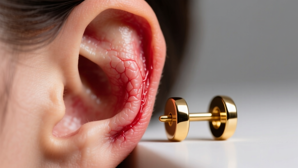 Macro of inflamed earlobe beside a gold earring post, showing tissue redness and mild swelling under soft clinical lighting.