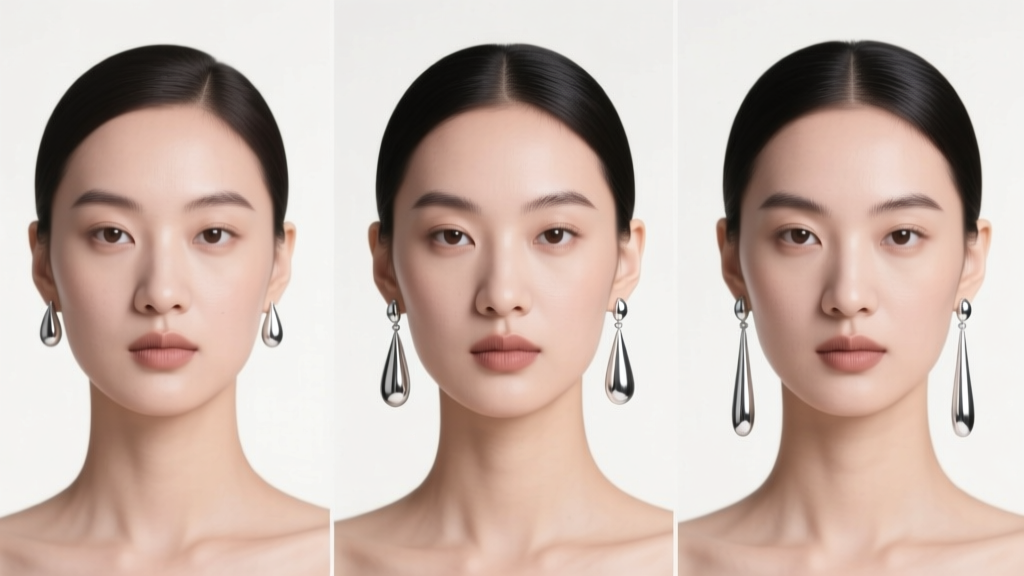 Diagram showing three face shapes including round, oval, and square paired with varying lengths of silver teardrop drop earrings.
